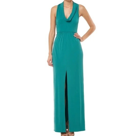 Halston Heritage Gown Column Maxi Dress Draped Cowl Neck Jersey Knit Green NWT S - Picture 8 of 8